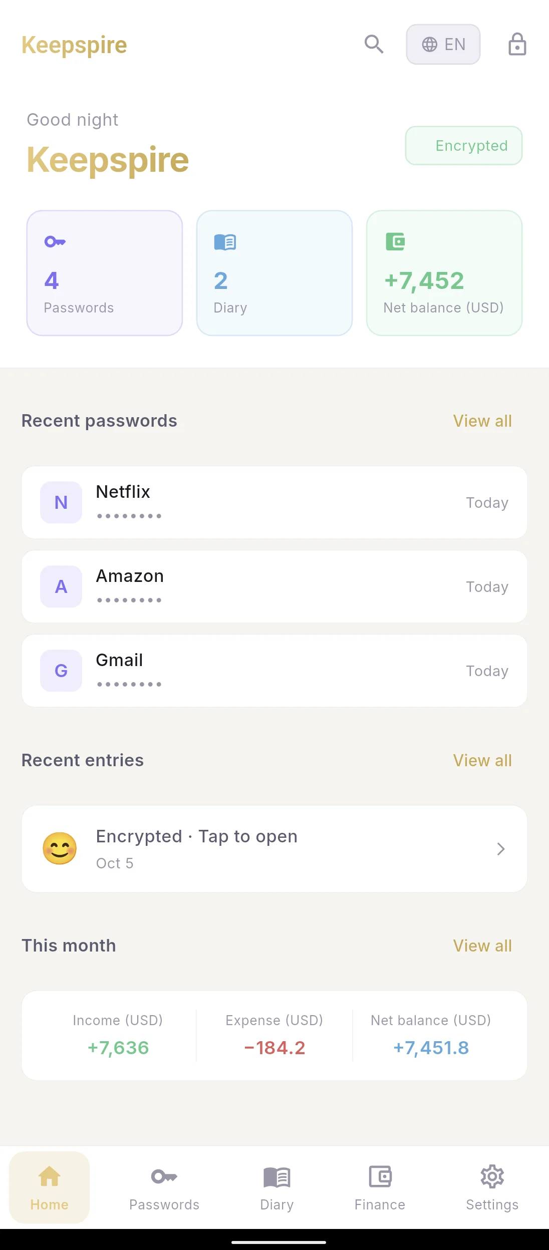 Keepspire home screen — real Android Internal Alpha screenshot (synthetic data)