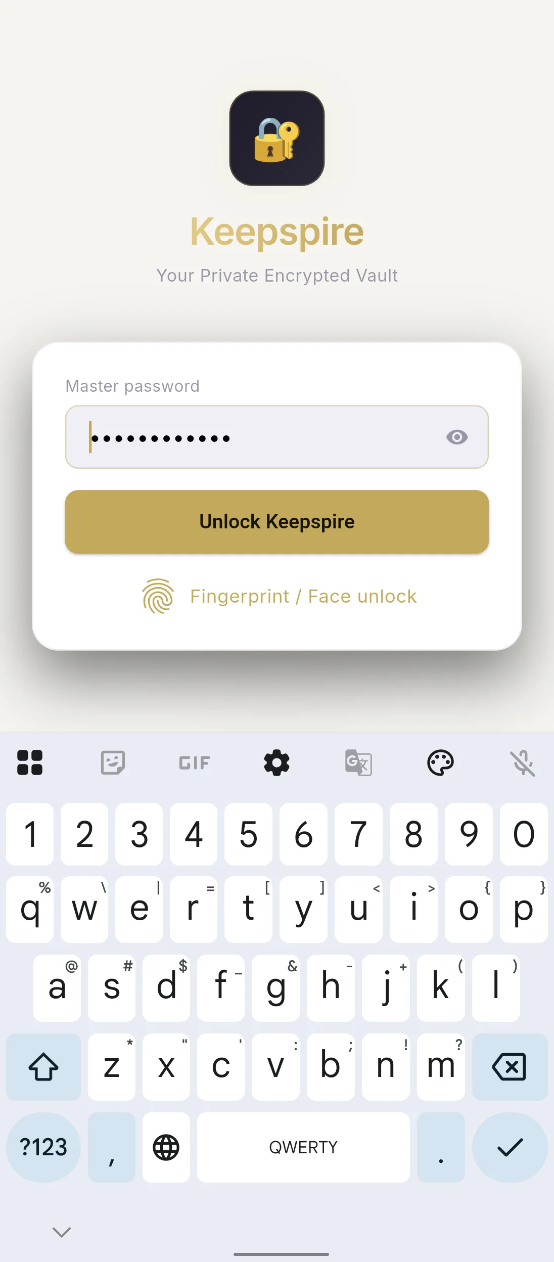 Keepspire lock screen — real Android Internal Alpha screenshot (synthetic data)